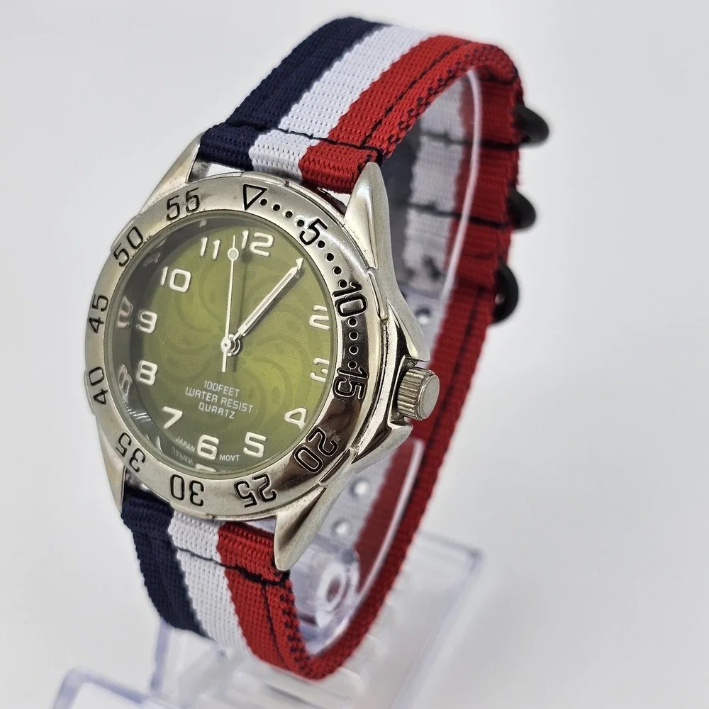 Men's‎ Analog Watch 38MM Green Dial NEW Multicolor Nylon Bands NEW Battery